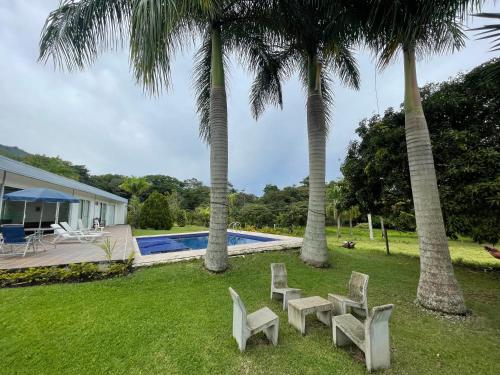 a yard with two chairs and two palm trees at Finca La Ranchera No. 2 in Tarso