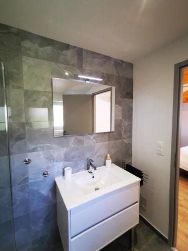 une salle de bain avec un lavabo blanc et un miroir dans l'établissement L'orée du Lac Calme et détente, à Thonon-les-Bains