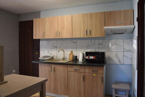 a kitchen with wooden cabinets and a sink at Lawendowa Przystań - Dolina Baryczy in Ujeździec Mały