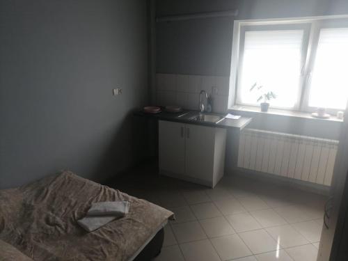 a bedroom with a bed and a sink and a window at Lawendowa Przystań - Dolina Baryczy in Ujeździec Mały