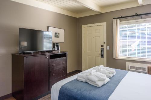 a bedroom with a bed and a flat screen tv at Earthbox Inn & Spa in Friday Harbor
