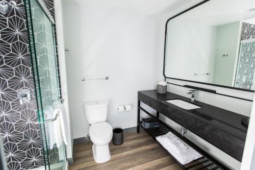 a bathroom with a toilet and a large mirror at voco The Darwin - Atlanta Midtown by IHG in Atlanta