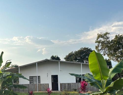 a white house with trees in front of it at Casa Jaguar Viotá in Viotá