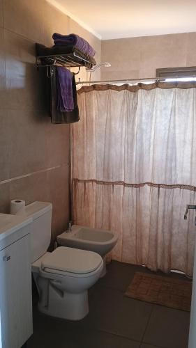 Un baño con inodoro, lavabo y cortina de ducha. en Cabaña La Resolana, en Tandil