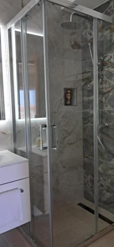 a shower with a glass door in a bathroom at Antonny apartment in Zvekovica