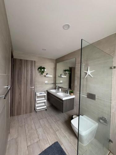 プンタ・カナにあるRelax in Cana Pearl, Punta Canaの洗面台、トイレ、鏡のあるバスルーム