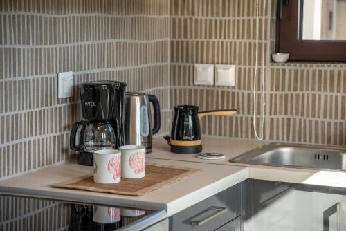 a kitchen counter with a coffee maker and two mugs at Angela Home, 5Street, Perivolia in Perivólia