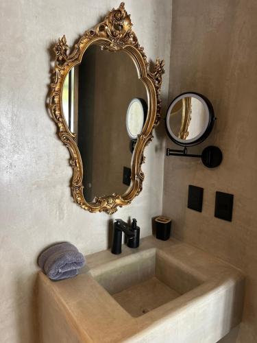 a bathroom sink with a gold mirror on the wall at COCCOLOBA in Holbox Island