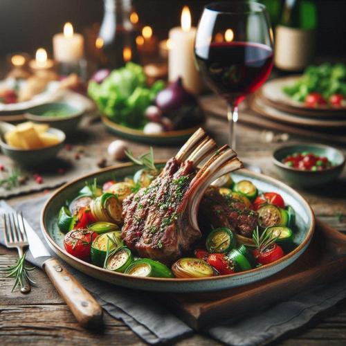 a plate of meat and vegetables on a table with a glass of wine at Jibhi Village in Jibhi