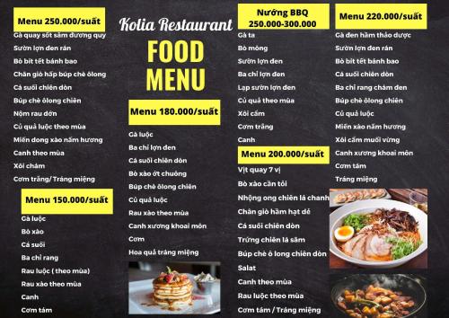 a menu of the food menu of the restaurant at Kolia Resort in Cao Bằng