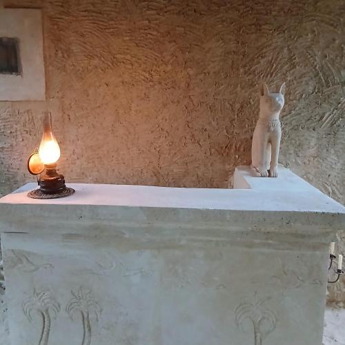 a white cat sitting on top of a table with a candle at Tanirt ecolodge in Siwa