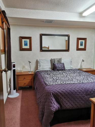 a bedroom with a large bed and a mirror at Spacious 2 bedroom apartment in Whangarei