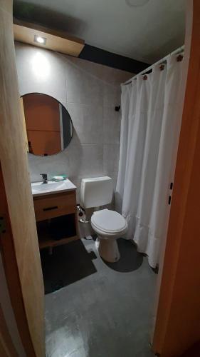 a bathroom with a toilet and a sink and a mirror at El rinconcito de Lamadrid in Concordia