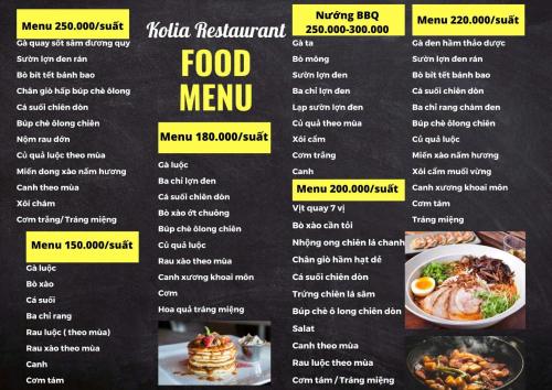 a menu of the food menu of the restaurant at Kolia Resort in Cao Bằng