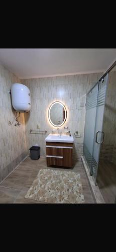 a bathroom with a sink and a mirror and a shower at Deluxe Direct Nile Apartment in Cairo