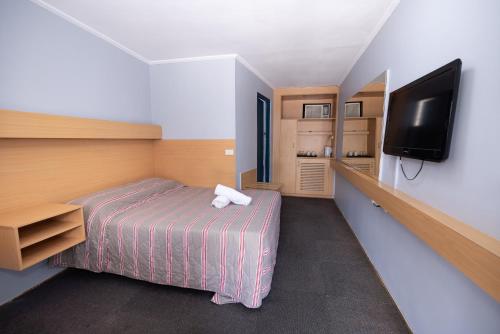Habitación pequeña con cama y TV de pantalla plana. en Windsor Heritage Motel, en Windsor