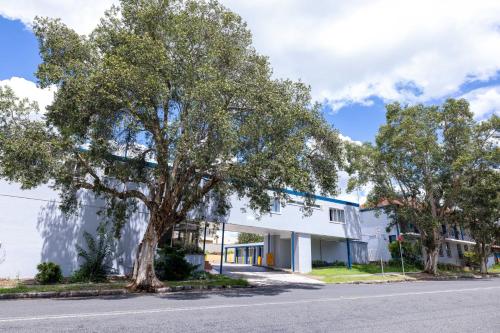 a large tree in front of a white building at Windsor Heritage Motel in Windsor