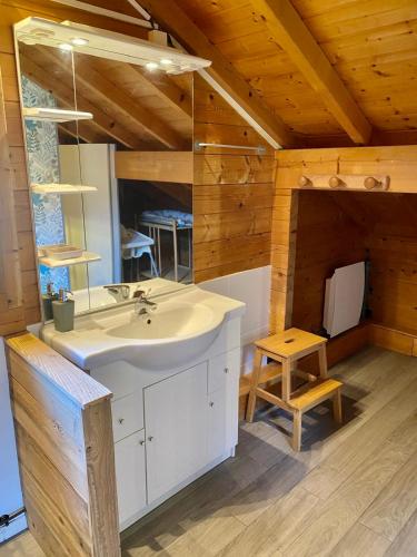 une salle de bain avec un lavabo et un miroir dans l'établissement Chalet Baudelaire, 4* beau et authentique, à Xonrupt-Longemer