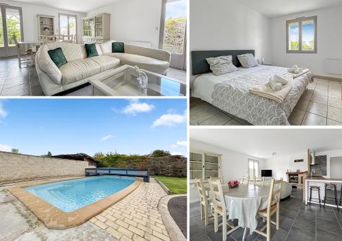 un collage de photos d'une chambre et d'un salon dans l'établissement Le Refuge de Garat Piscine Privée, à Garat