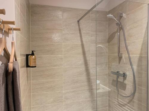 a bathroom with a shower with a glass door at MAISON D' HÔTES L'Écurie de Luzerand in Menglon