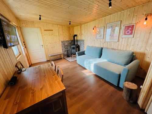 a living room with a blue couch and a table at Tinyhouse Snagov Lake in Ciofliceni