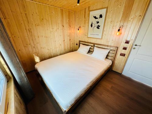 a bed in a room with a wooden wall at Tinyhouse Snagov Lake in Ciofliceni