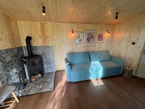 a living room with a blue couch and a stove at Tinyhouse Snagov Lake in Ciofliceni