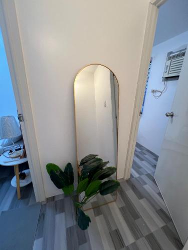 a mirror in a hallway with a plant at Homefortzone near D' outlet lima in Sampong