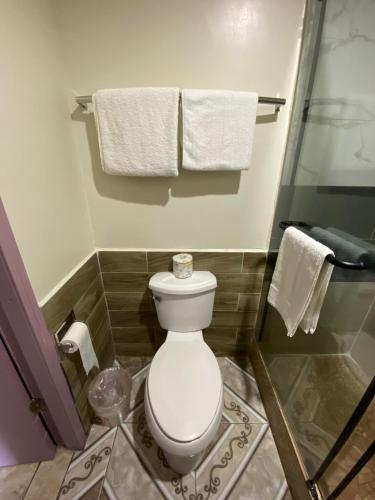 a bathroom with a white toilet and towels at Dream Inn in Inglewood