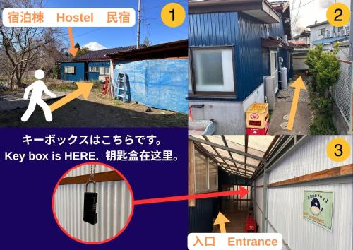 a collage of photos of a house and a key box is here at Japan Kominka in perfect location for Mount FUJI trip in Fujiyoshida