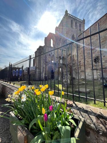 a bunch of flowers in front of a church at TheFlatInJed in Jedburgh