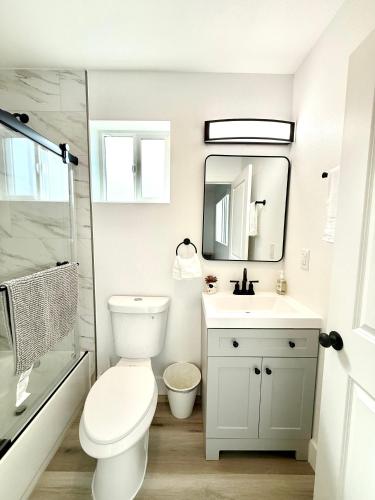a bathroom with a toilet and a sink and a mirror at GilmoreOne in Van Nuys