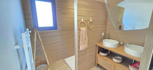 une salle de bain avec un lavabo et un miroir dans l'établissement Maison Les jardins de serignan, à Sérignan