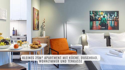a hotel room with a bed and a table with food on it at have-a-nice-Stay - Souterrain, Kino an der Natur, U-Bahn nach Hamburg 400m - Bäcker & Restaurants 500m - Lidl 800m - Zentrum 1,5km in Ahrensburg