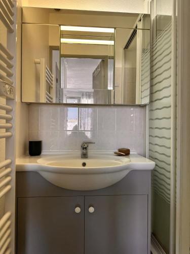une salle de bain avec un lavabo et un miroir dans l'établissement Le nid, au Cap d'Agde