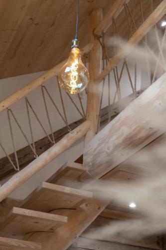 a light hanging from a wooden ceiling in a room at Ferme de Bellevue in Longevilles-Mont-dʼOr