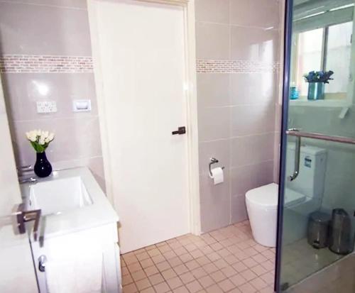 a bathroom with a shower and a sink and a toilet at Hills Bed & Breakfast in Pennant Hills