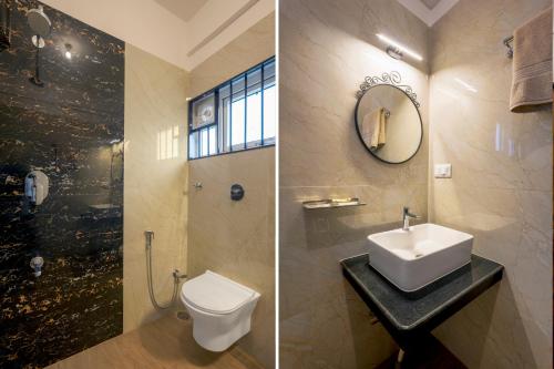 two pictures of a bathroom with a toilet and a sink at Sliceinn Sylva, Wilson Garden, Bangalore in Bengaluru