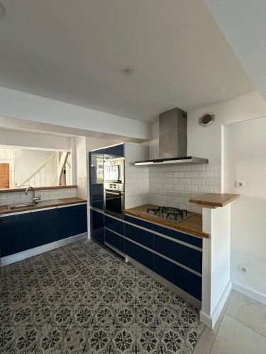 La cuisine est équipée de placards bleus et d'un four avec plaques de cuisson. dans l'établissement Le Petit Camisou, un écrin au pied de la Cité, à Carcassonne