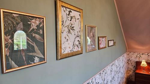 a group of framed pictures on a wall at Villa Elbling in Radebeul