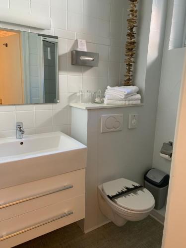 a white bathroom with a sink and a toilet at Hotel SPA Au Cheval Blanc in Ribeauvillé