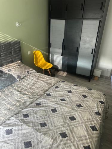 - une chambre avec un lit et une chaise jaune dans l'établissement Beautiful appartement near 24h du Mans !!!, au Mans