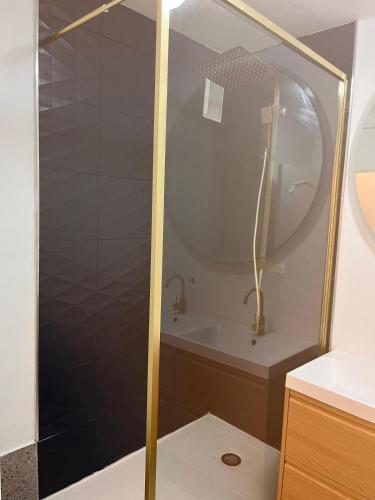 une salle de bain avec une douche, une baignoire et un lavabo dans l'établissement 2 Superbes chambres d hôte dans un appartement avec magnifique vue sur Paris, à Sucy-en-Brie