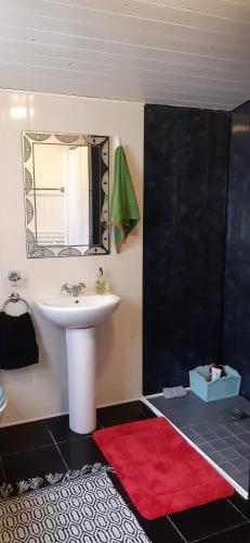 a bathroom with a sink and a mirror at Chalet on Cloghans Pier in Cloghans
