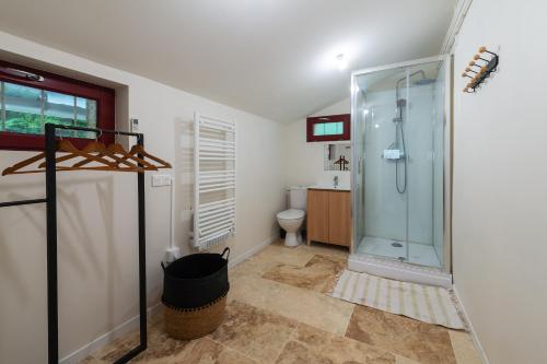 une salle de bain avec douche et toilettes dans l'établissement Domaine Fouet - A 100m du Domaine visite de cave et dégustation gratuite, à Saint-Cyr-en-Bourg