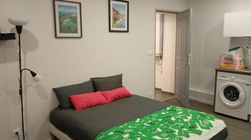 - une chambre avec un lit doté de draps verts et d'oreillers rouges dans l'établissement Studio neuf rue Gilbert, à La Celle-sous-Gouzon