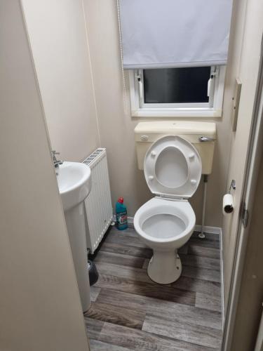 a small bathroom with a toilet and a sink at fantasy island in Ingoldmells