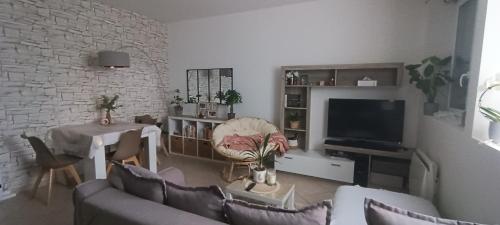 un salon avec un canapé et une télévision dans l'établissement Pivoinie, à Fleury-les-Aubrais