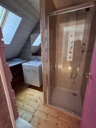 La salle de bains mansardée est pourvue d'une douche et d'un lavabo. dans l'établissement Les Roses Des Bois, à Murat-le-Quaire