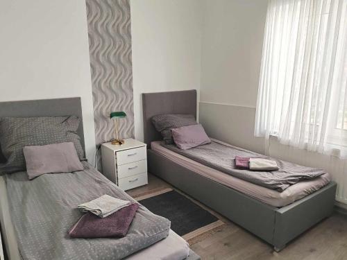a bedroom with two beds and a window at Villa Alex in Siófok